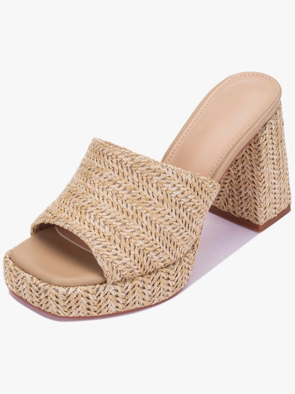 Beige Woven Platform Mule Heels - Women's Slide Sandals - Picture 2 of 3